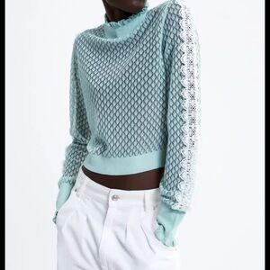 Zara Mint Green Cowl Neck Sweater with Lace Detail